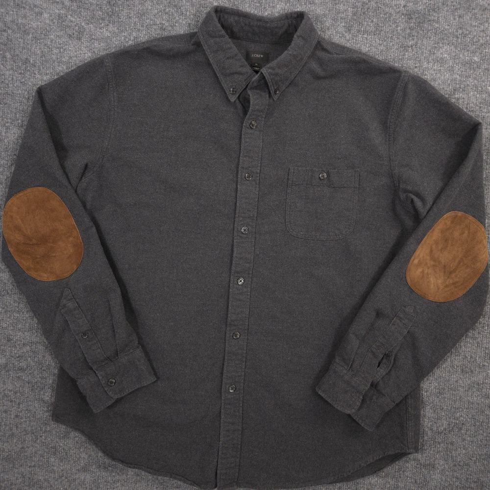 J Crew Chamois Cloth Flannel Shirt Mens‎ XL Gray Leather Elbow Patches Outdoor